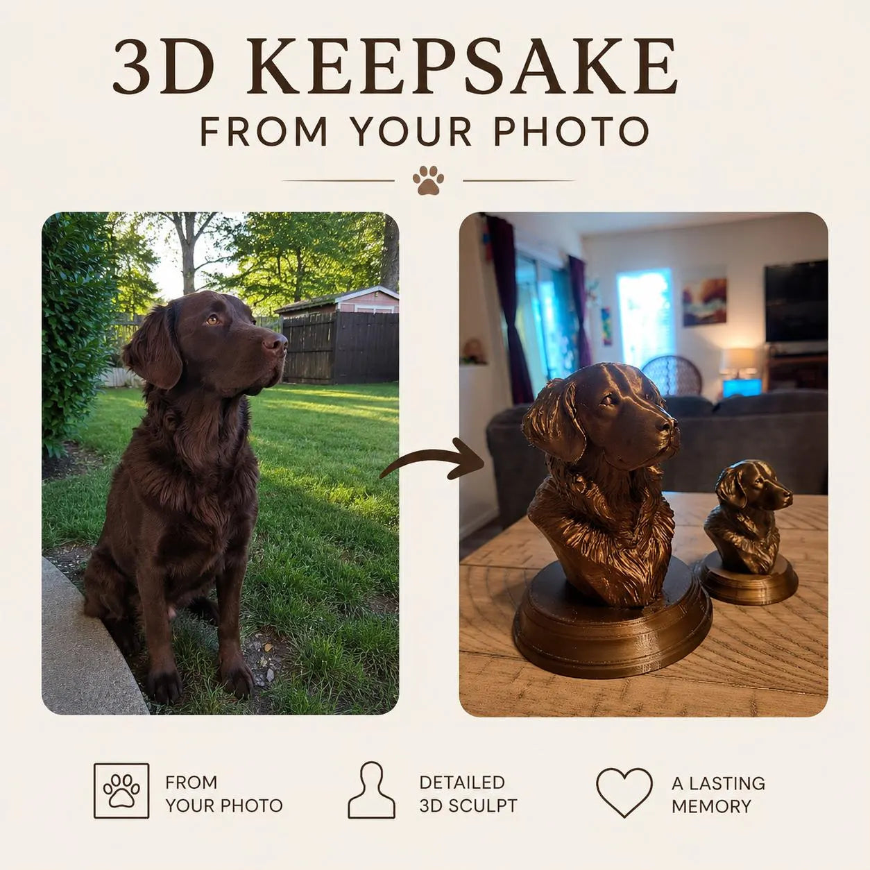 Custom Pet Memorial Bust From Photo | Bronze Style 3D Printed Dog or Cat Portrait Keepsake 7 inches